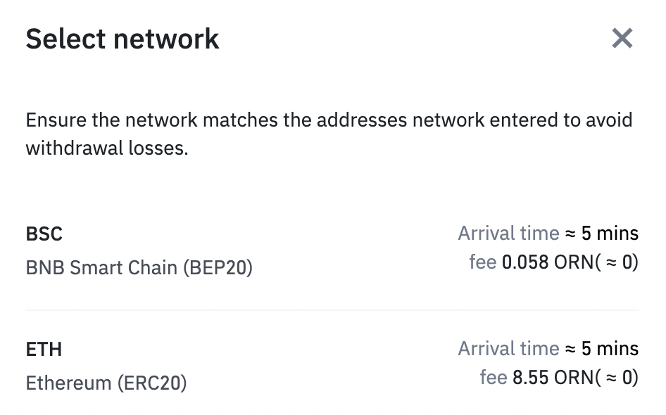 Binance Withdraw ORN Networks
