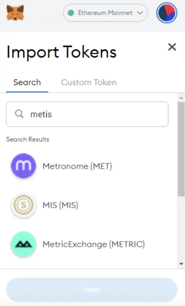 Metamask Search For METIS